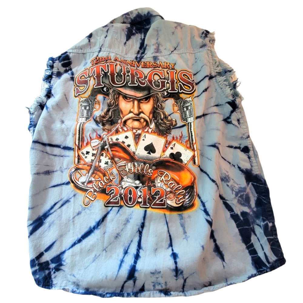 Biker Wear Mens Blue Tie Dye Cotton Sleeveless Button Up Denim Shirt Size Medium